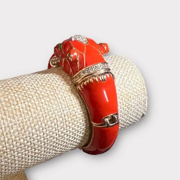 Coral Enamel Lion Head Cuff Bangle Bracelet - Picture 3 of 4